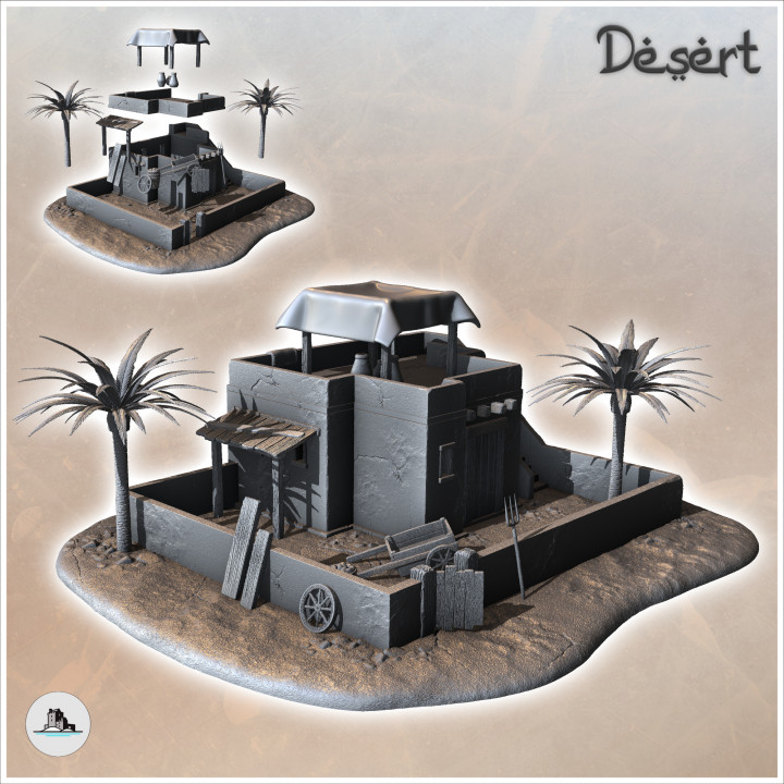 Desert house with palm tree and low walls (7) - Canyon Sandy Landscape 28mm 15mm RPG DND Nomad Desertland African image