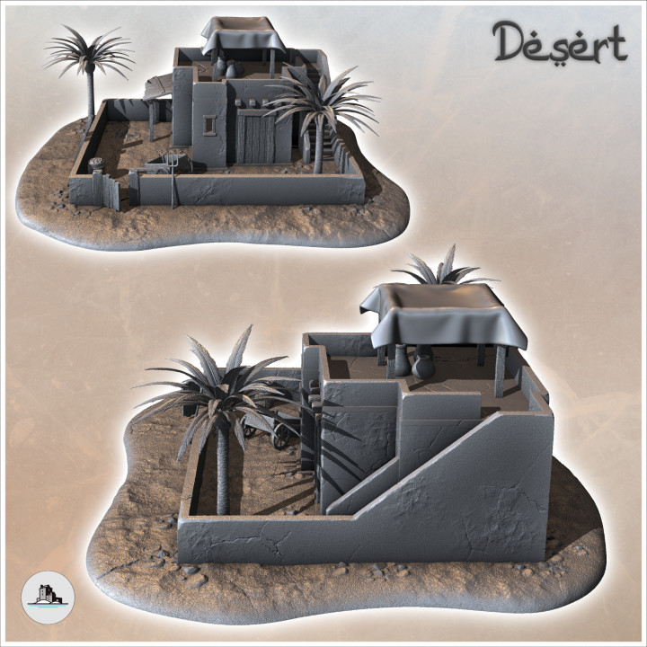 Desert house with palm tree and low walls (7) - Canyon Sandy Landscape 28mm 15mm RPG DND Nomad Desertland African image