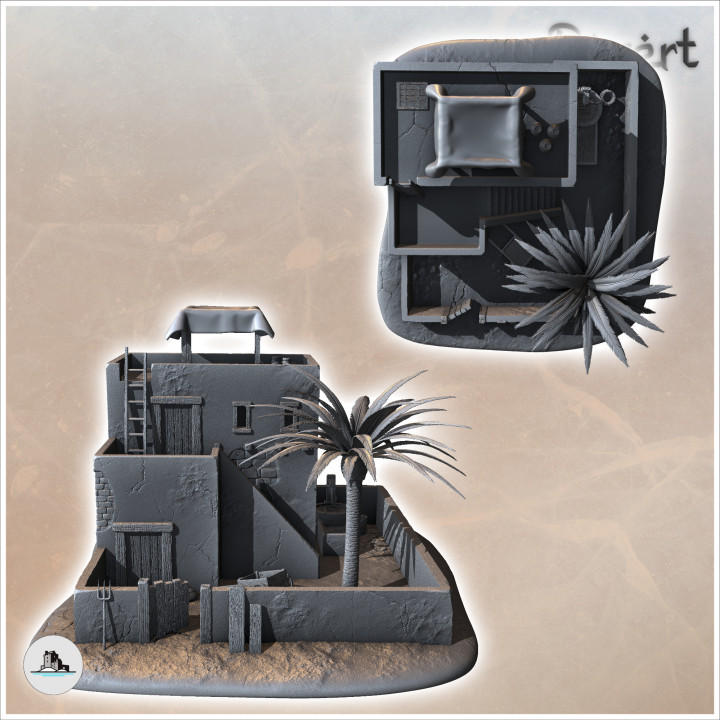 Desert house with flat double roofs and palm tree (10) - Canyon Sandy Landscape 28mm 15mm RPG DND Nomad Desertland African