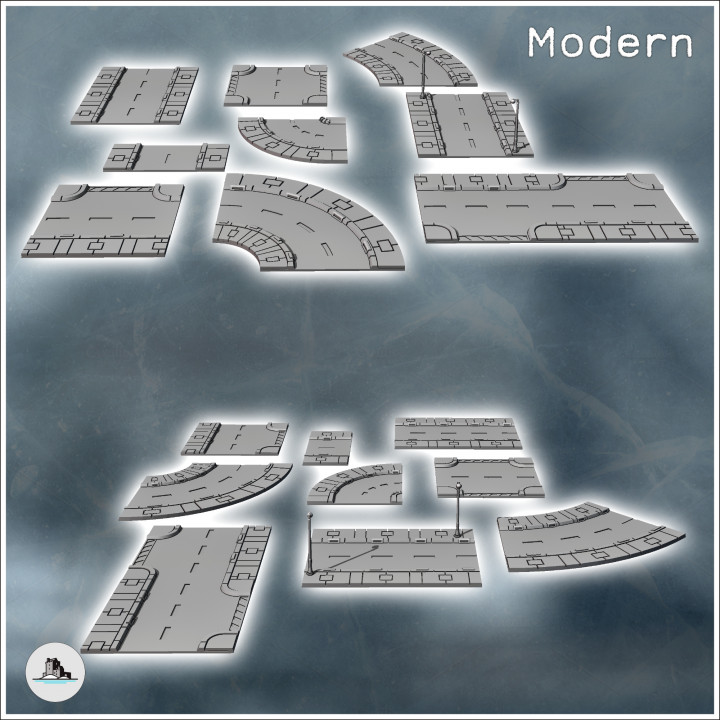 Set of modular modern urban streets with street lamps (6) - Modern WW2 WW1 World War Diaroma Wargaming RPG Mini Hobby