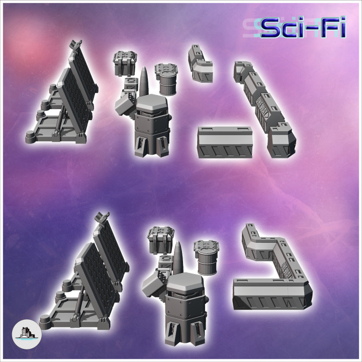 Set of futuristic Sci-Fi fortifications with barricades, missiles, and crates (9) - Future Sci-Fi SF Post apocalyptic Tabletop Scifi Wargaming Planetary exploration RPG Terrain