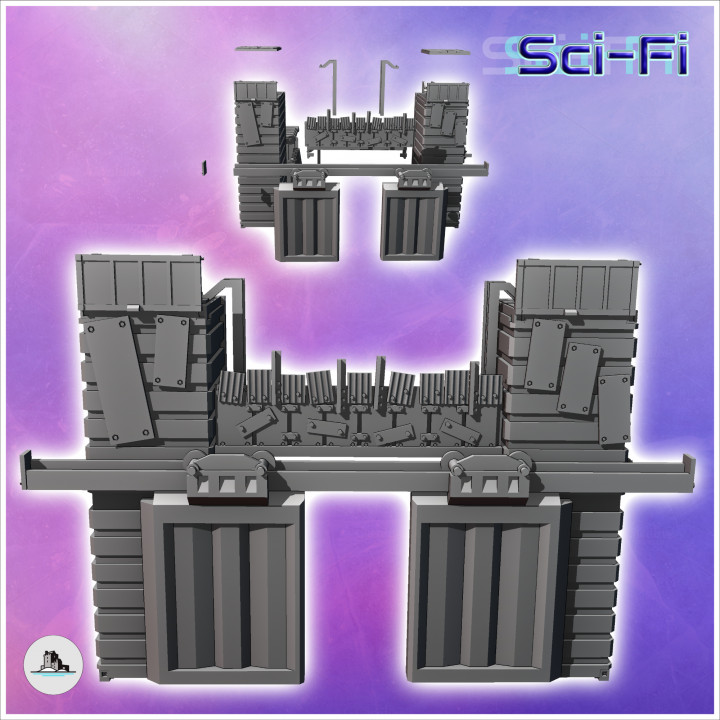 Post-apocalyptic entrance gate with observation posts and double sliding doors on high rails (5) - Future Sci-Fi SF Post apocalyptic Tabletop Scifi 28mm 15mm 20mm Modern