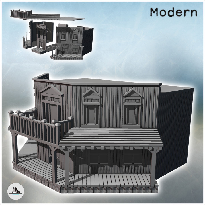 Western corner building with terrace and covered awning on a wooden platform (23) - Modern WW2 WW1 World War Diaroma Wargaming RPG Mini Hobby image