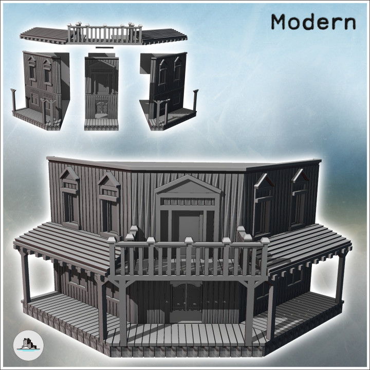 Western corner building with terrace and covered awning on a wooden platform (23) - Modern WW2 WW1 World War Diaroma Wargaming RPG Mini Hobby image