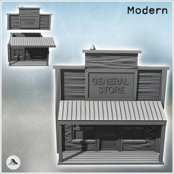 Western general store with log and wood walls and covered awning on a wooden platform (24) - Modern WW2 WW1 World War Diaroma Wargaming RPG Mini Hobby