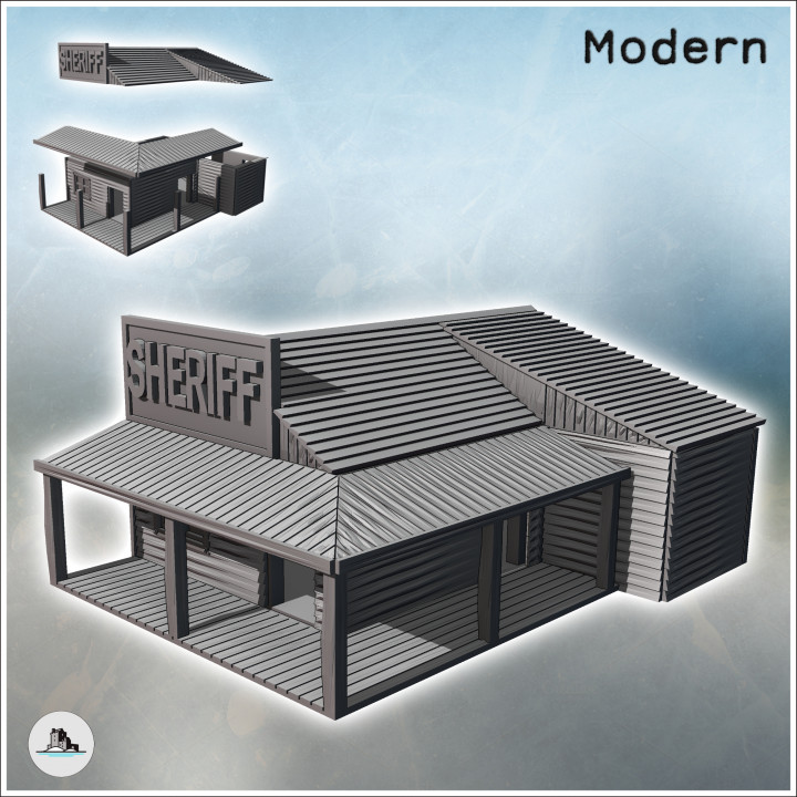 Sheriff building with multi-pitched roof, awning on a wooden platform, and sign (26) - Modern WW2 WW1 World War Diaroma Wargaming RPG Mini Hobby image