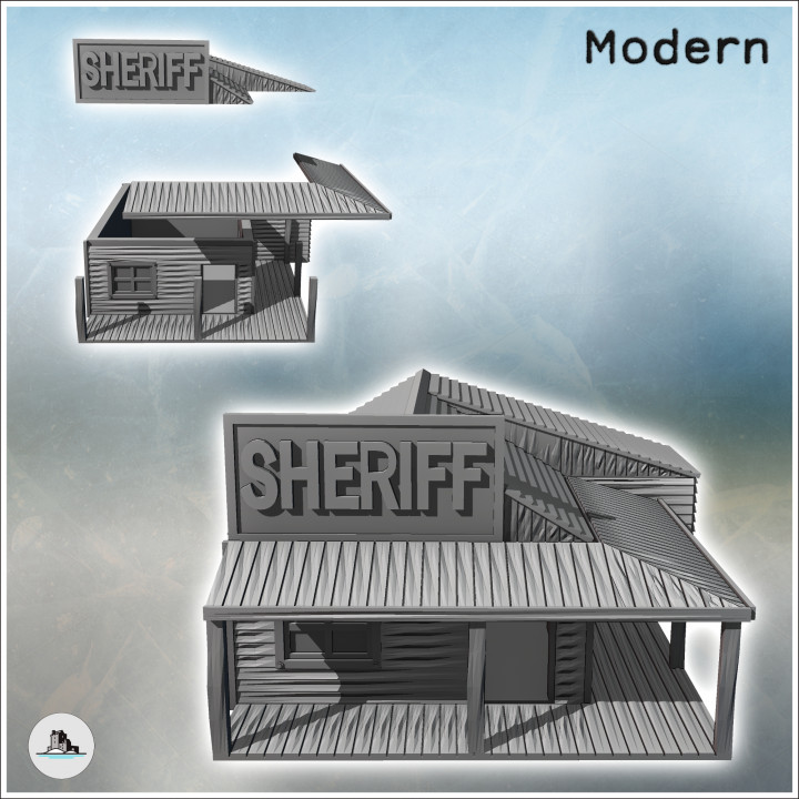 Sheriff building with multi-pitched roof, awning on a wooden platform, and sign (26) - Modern WW2 WW1 World War Diaroma Wargaming RPG Mini Hobby image