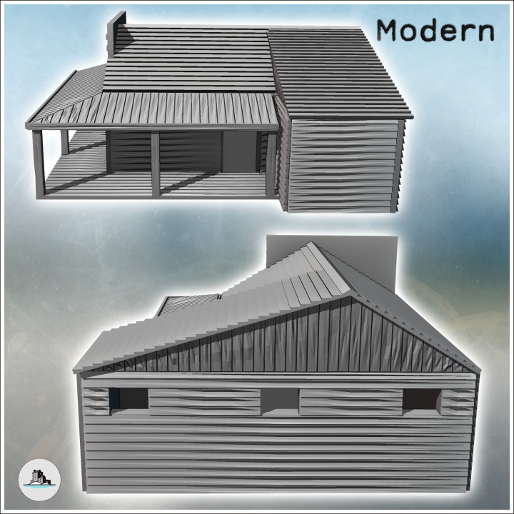 Sheriff building with multi-pitched roof, awning on a wooden platform, and sign (26) - Modern WW2 WW1 World War Diaroma Wargaming RPG Mini Hobby image