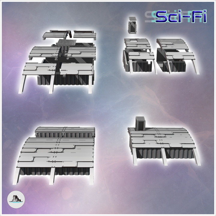 Set of three futuristic oval-roofed barracks with large metal beams and rounded doors (30) - Future Sci-Fi SF Post apocalyptic Tabletop Scifi Wargaming Planetary exploration RPG Terrain