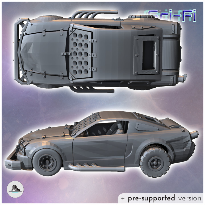 Post-apocalyptic Mustang car with improvised armor and front bumper (1) - Future Sci-Fi SF Post apocalyptic Tabletop Scifi 28mm 15mm 20mm Modern
