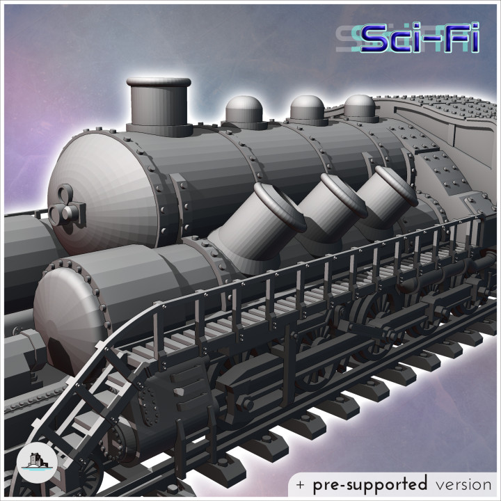 Steampunk train on double tracks with steam locomotive and trailer carriage (12) - Future Sci-Fi SF Post apocalyptic Tabletop Scifi 28mm 15mm 20mm Modern