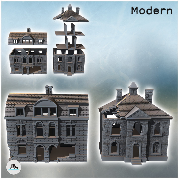 Set of Two Ruined Norman Village Buildings (3) - Modern WW2 WW1 World War Diaroma Wargaming RPG Mini Hobby image