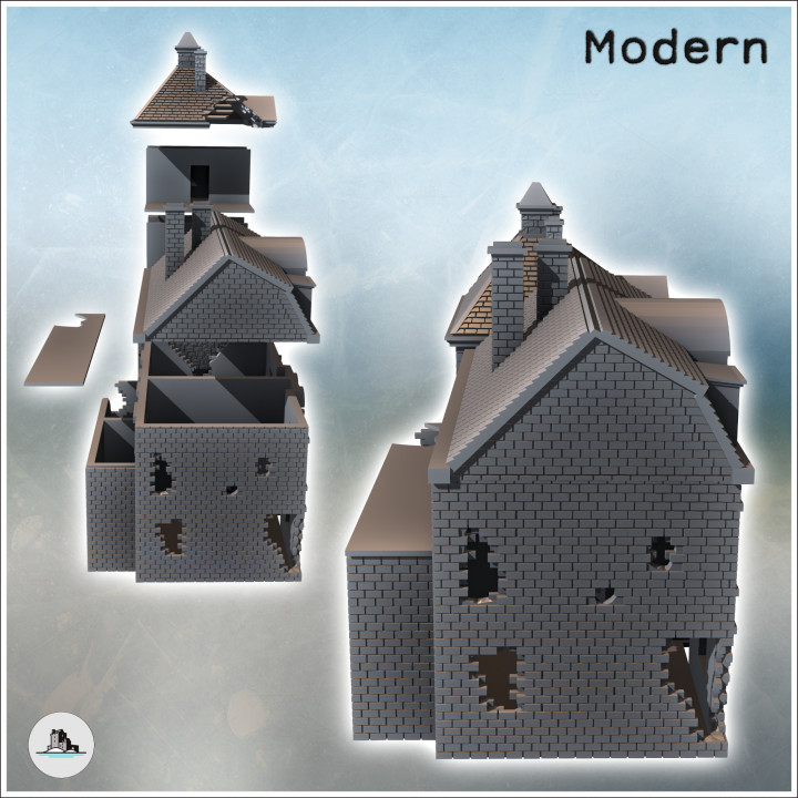 Set of Two Ruined Norman Village Buildings (3) - Modern WW2 WW1 World War Diaroma Wargaming RPG Mini Hobby image