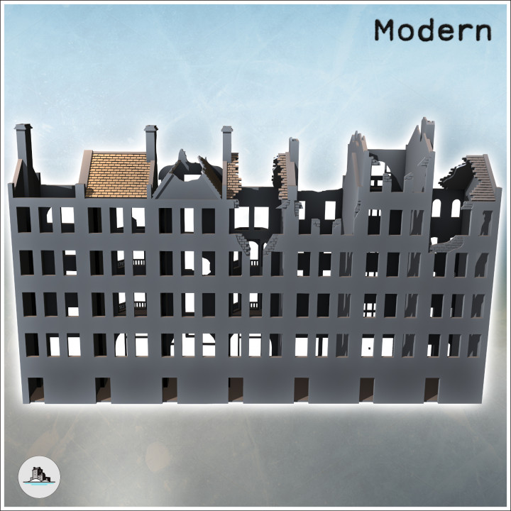 Set of Damaged European Buildings with Chimneys (5) - Modern WW2 WW1 World War Diaroma Wargaming RPG Mini Hobby