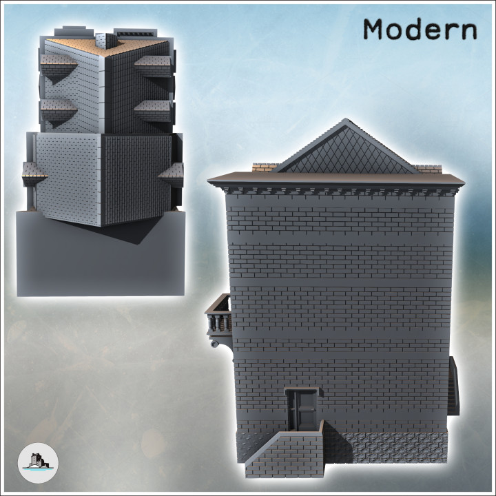Set of three stone multi-storey buildings with side staircase (23) - Modern WW2 WW1 World War Diaroma Wargaming RPG Mini Hobby