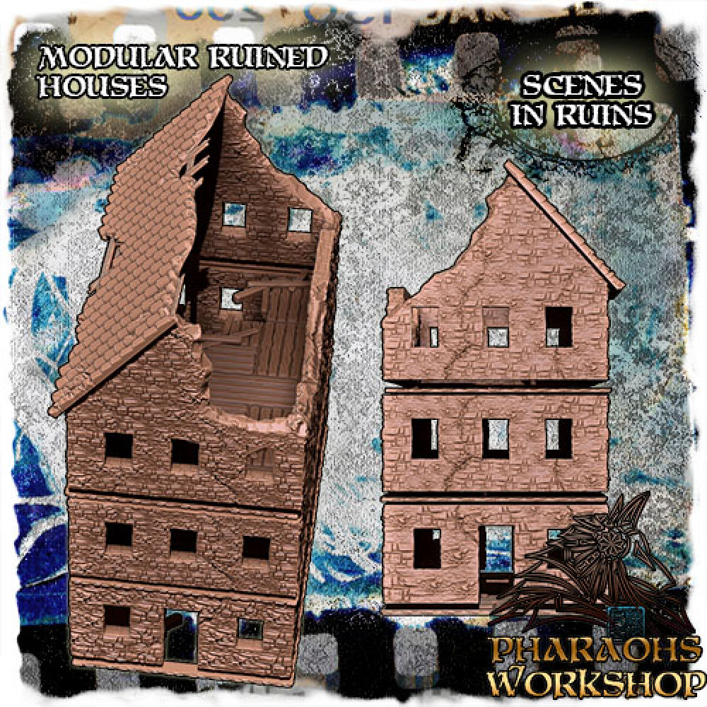 その他 Terrain - House & Ruins Set (6+ houses) 3D Printable Modular Ruined Houses by Pharaoh's Workshop