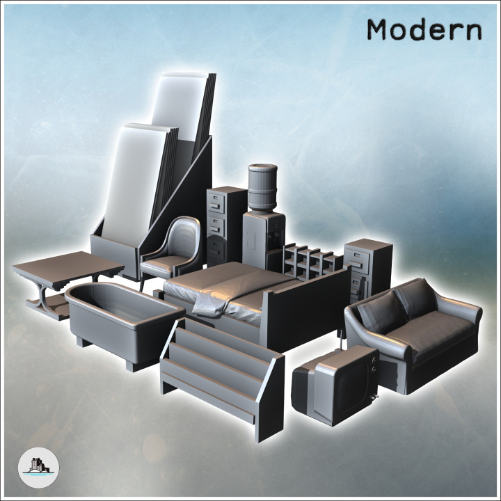 Set of modern indoor furniture with armchair, bed, and bathtub (2) - Modern WW2 WW1 World War Diaroma Wargaming RPG Mini Hobby image