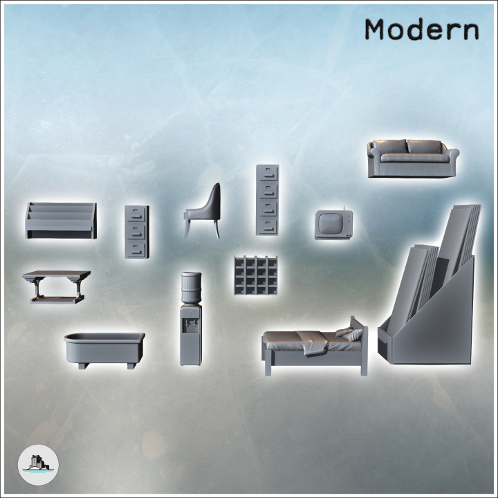 Set of modern indoor furniture with armchair, bed, and bathtub (2) - Modern WW2 WW1 World War Diaroma Wargaming RPG Mini Hobby