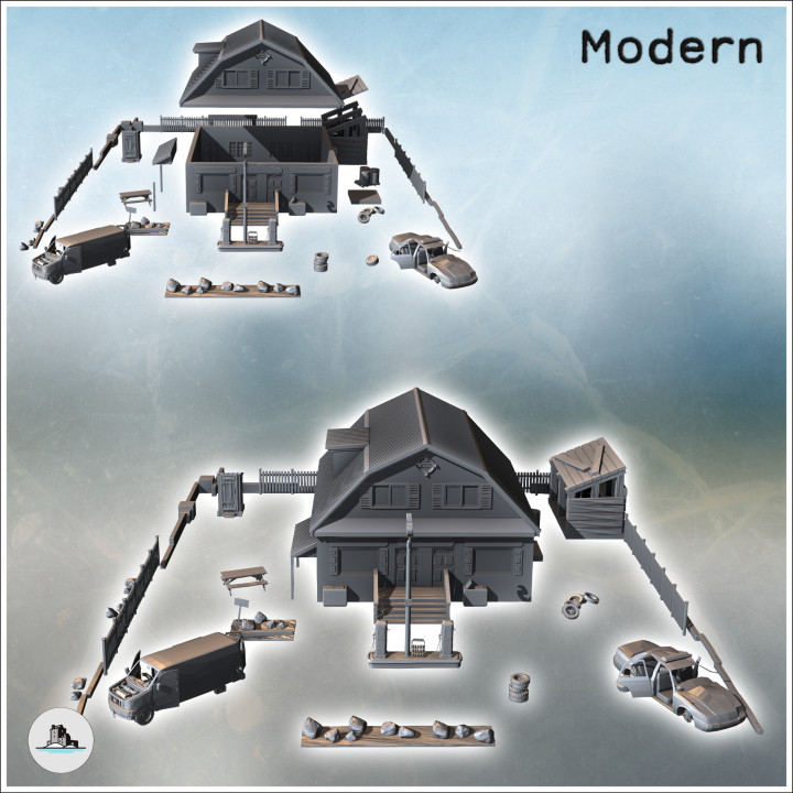 Post-modern farm with a large building with a grand access staircase, wooden fence, and vehicle carcasses (9) - Medieval Gothic Feudal Old Archaic Saga 28mm 15mm RPG