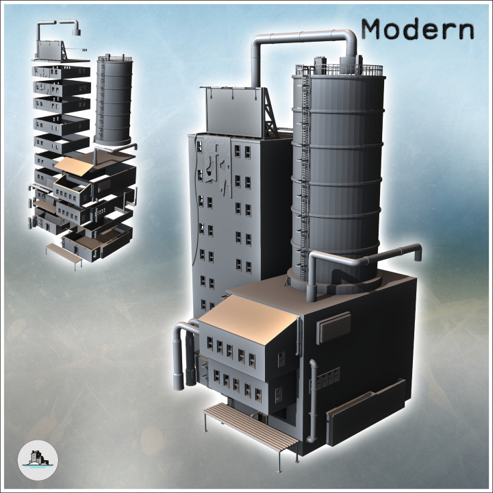 Modern building with a large silo, pipes, and overhanging annexes (16) - Modern WW2 WW1 World War Diaroma Wargaming RPG Mini Hobby image