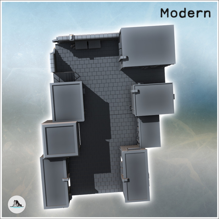 Set of five flat-roofed brick houses with paved road and enclosure wall (4) - Modern WW2 WW1 World War Diaroma Wargaming RPG Mini Hobby
