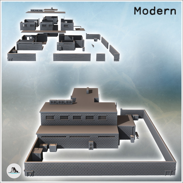Large multi-story brick building with enclosure wall, flat roof, and outdoor furniture (1) - Modern WW2 WW1 World War Diaroma Wargaming RPG Mini Hobby image