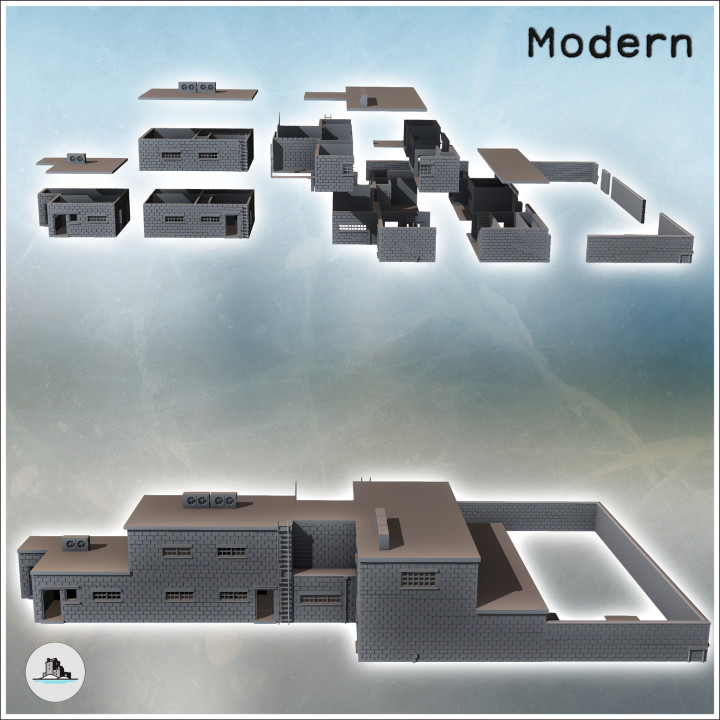 Large multi-story brick building with enclosure wall, flat roof, and outdoor furniture (1) - Modern WW2 WW1 World War Diaroma Wargaming RPG Mini Hobby image