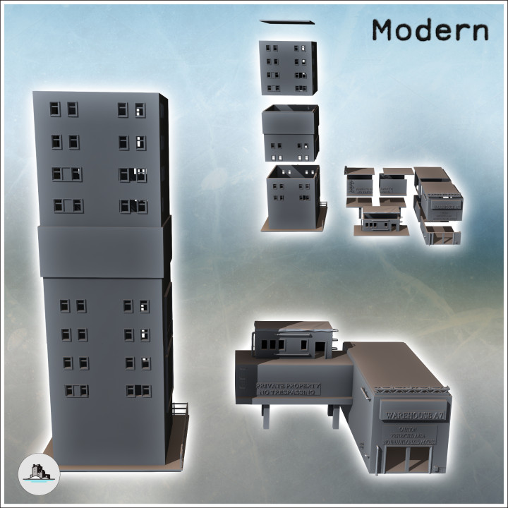Set of two industrial buildings with a large tower and warehouse (17) - Modern WW2 WW1 World War Diaroma Wargaming RPG Mini Hobby