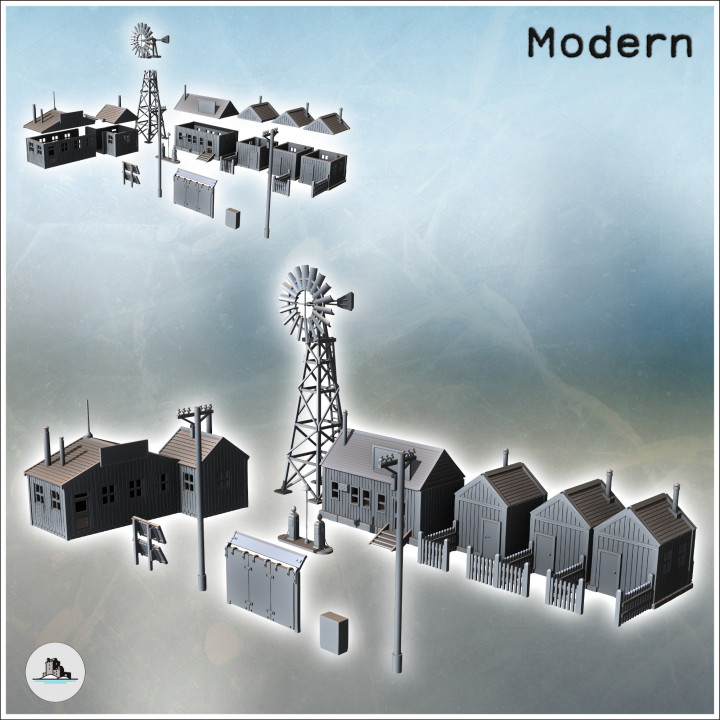 Set of modern Western town with wooden houses and gas station (12) - Modern WW2 WW1 World War Diaroma Wargaming RPG Mini Hobby image