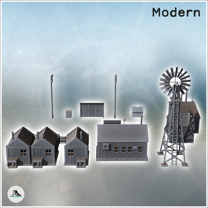 Set of modern Western town with wooden houses and gas station (12) - Modern WW2 WW1 World War Diaroma Wargaming RPG Mini Hobby image