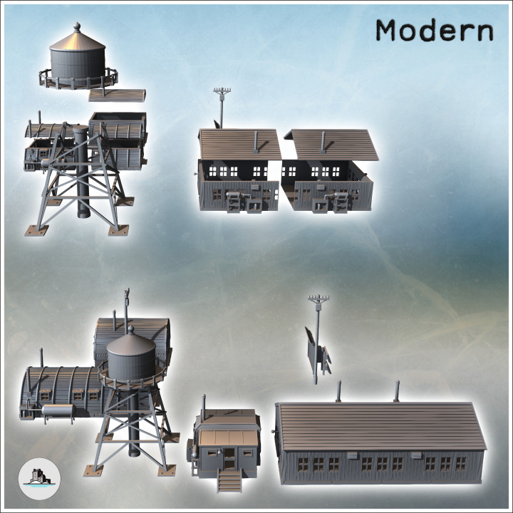 Set of five modern buildings with a water tank and a warehouse with a round roof (19) - Modern WW2 WW1 World War Diaroma Wargaming RPG Mini Hobby