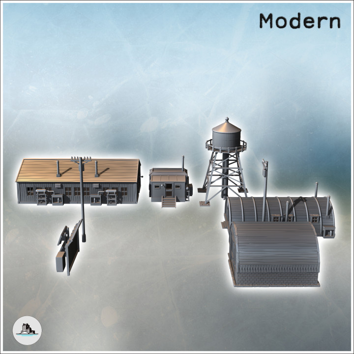 Set of five modern buildings with a water tank and a warehouse with a round roof (19) - Modern WW2 WW1 World War Diaroma Wargaming RPG Mini Hobby image