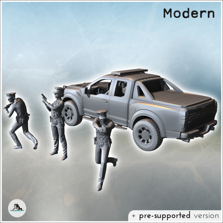 Set of three police officers with uniforms and peaked caps with a patrol car (3) - Modern WW2 WW1 World War Diaroma Wargaming RPG Mini Hobby image