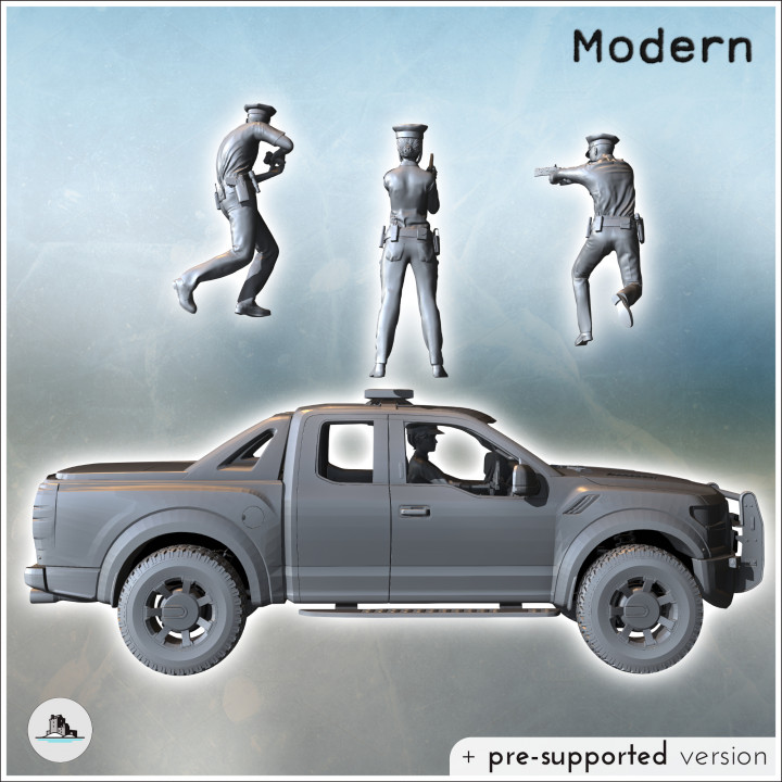 Set of three police officers with uniforms and peaked caps with a patrol car (3) - Modern WW2 WW1 World War Diaroma Wargaming RPG Mini Hobby image