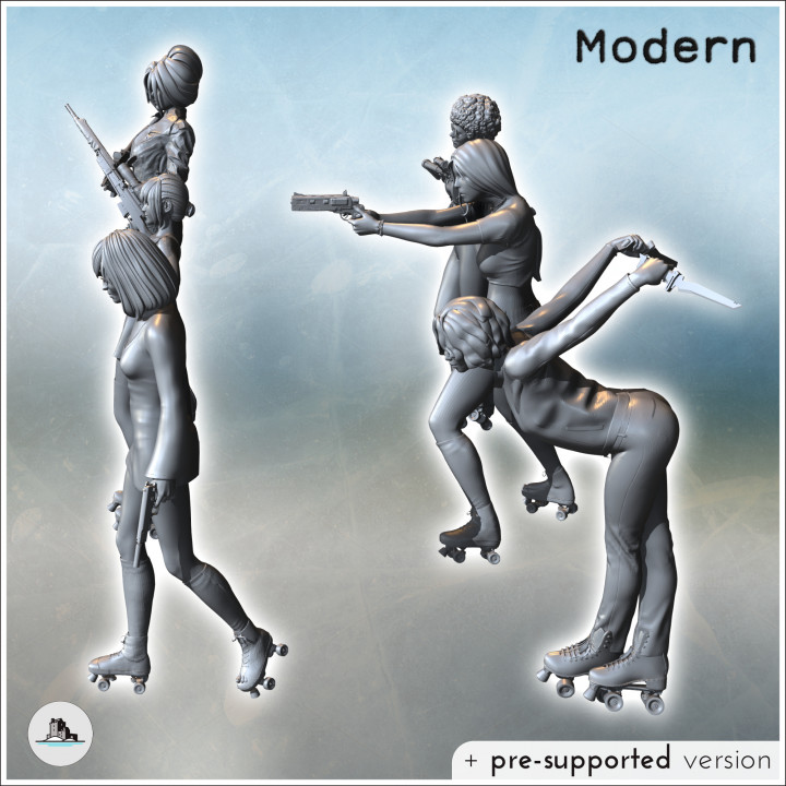Set of six armed rollerblading women with assault rifles and knives (4) - Modern WW2 WW1 World War Diaroma Wargaming RPG Mini Hobby