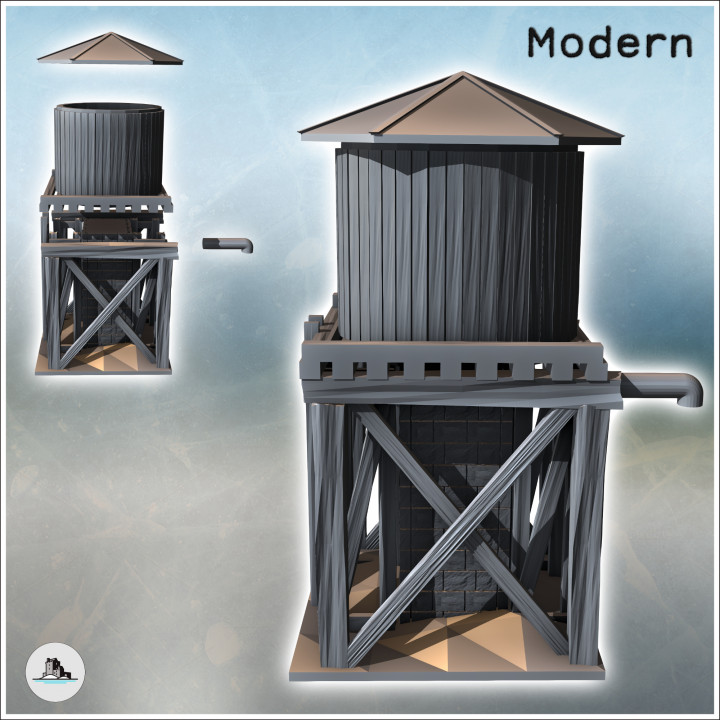 Water tank on wooden structure with metal faucet (2) - Modern WW2 WW1 World War Diaroma Wargaming RPG Mini Hobby