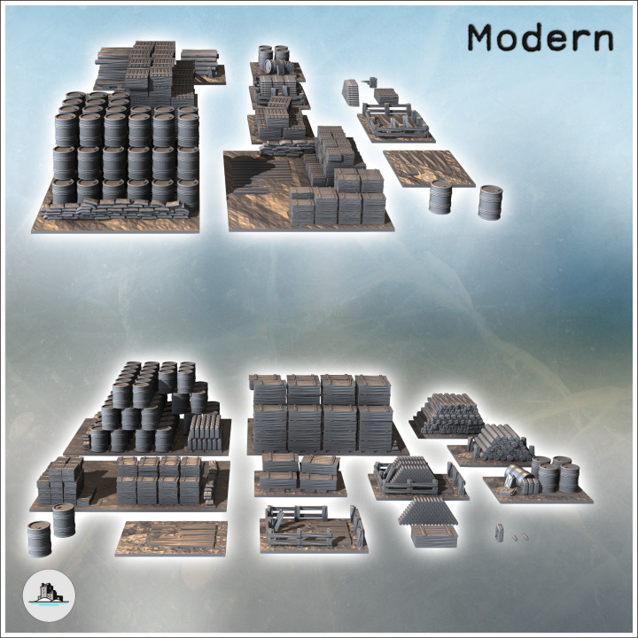 Set of ammunition depot accessories with shells, barrels, and crates (3) - Modern WW2 WW1 World War Diaroma Wargaming RPG Mini Hobby image