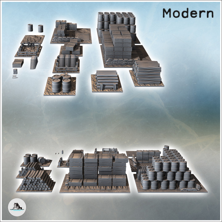 Set of ammunition depot accessories with shells, barrels, and crates (3) - Modern WW2 WW1 World War Diaroma Wargaming RPG Mini Hobby image