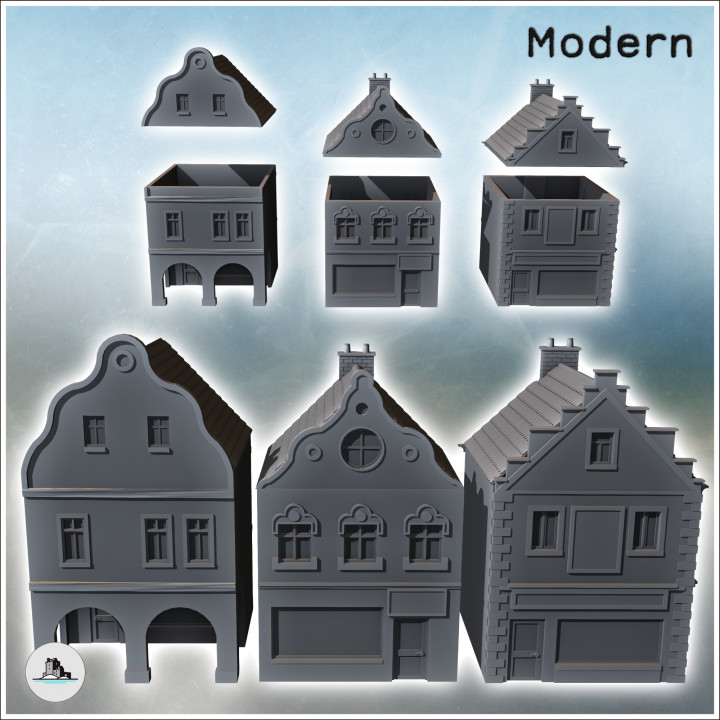 Set of three Flemish Baroque-style buildings with stories and colonnade (16) - Modern WW2 WW1 World War Diaroma Wargaming RPG Mini Hobby