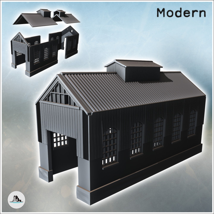 Large hangar with wide windows, two-part roof, and large access (24) - Modern WW2 WW1 World War Diaroma Wargaming RPG Mini Hobby image