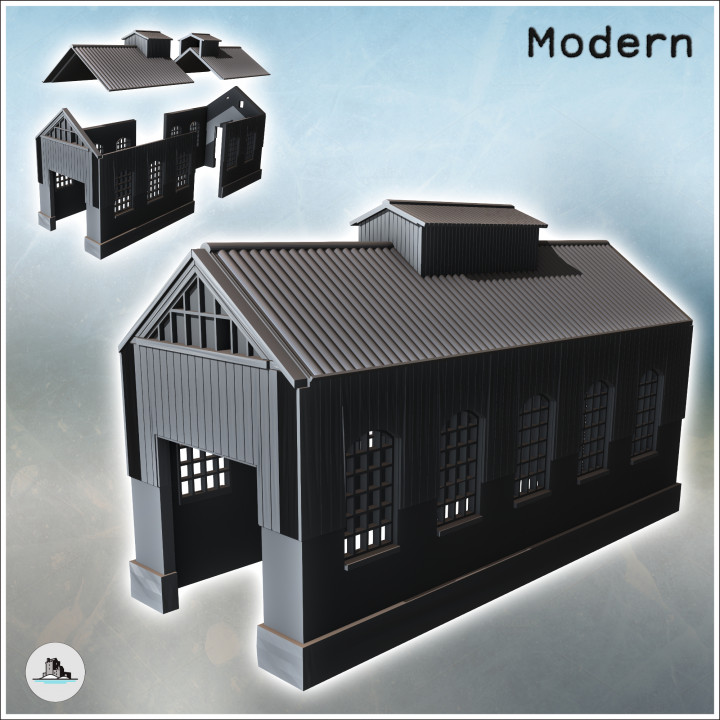 3D Printable Large hangar with wide windows, two-part roof