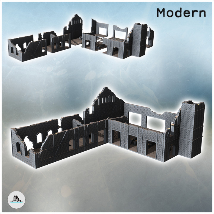 Ruined industrial brick building with large chimney and multiple access doors (25) - Modern WW2 WW1 World War Diaroma Wargaming RPG Mini Hobby image