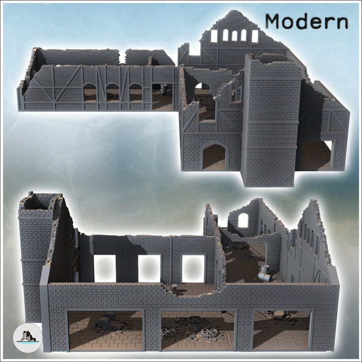 Ruined industrial brick building with large chimney and multiple access doors (25) - Modern WW2 WW1 World War Diaroma Wargaming RPG Mini Hobby image