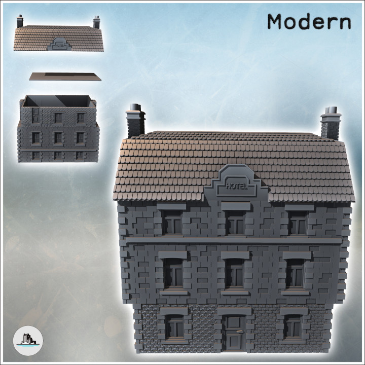 Modern two-story hotel with tiled roof and cut stone and brick walls (27) - Modern WW2 WW1 World War Diaroma Wargaming RPG Mini Hobby