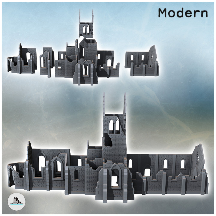 Destroyed Gothic-style church with central tower and stone walls (30) - Modern WW2 WW1 World War Diaroma Wargaming RPG Mini Hobby