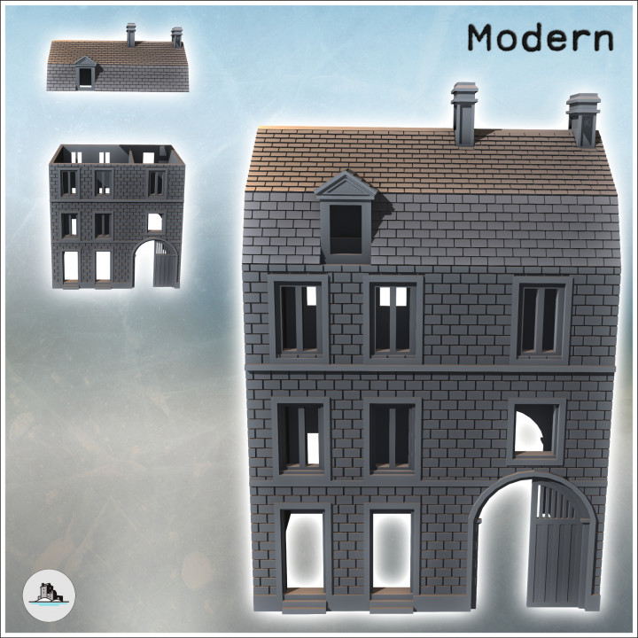 Modern two-story brick house with large wooden door and Mansard roof (31) - Modern WW2 WW1 World War Diaroma Wargaming RPG Mini Hobby image