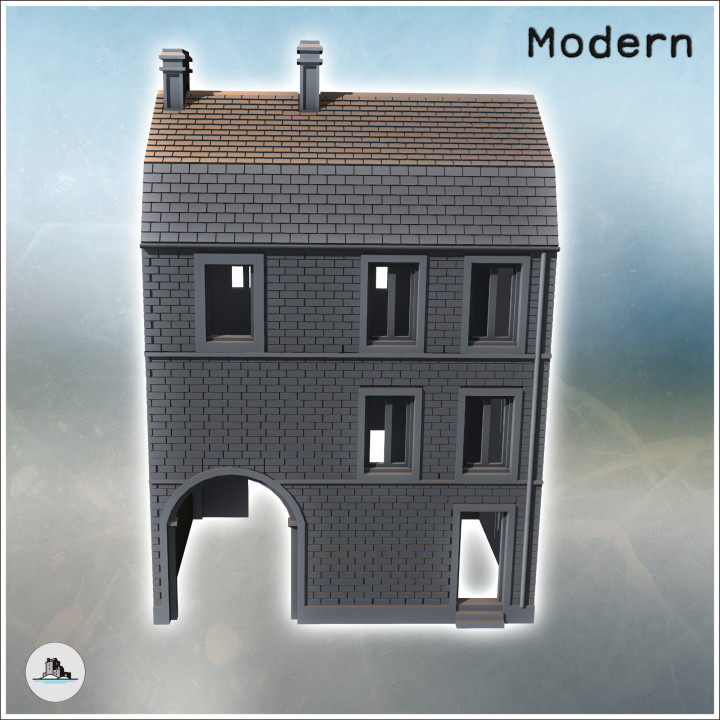 Modern two-story brick house with large wooden door and Mansard roof (31) - Modern WW2 WW1 World War Diaroma Wargaming RPG Mini Hobby image