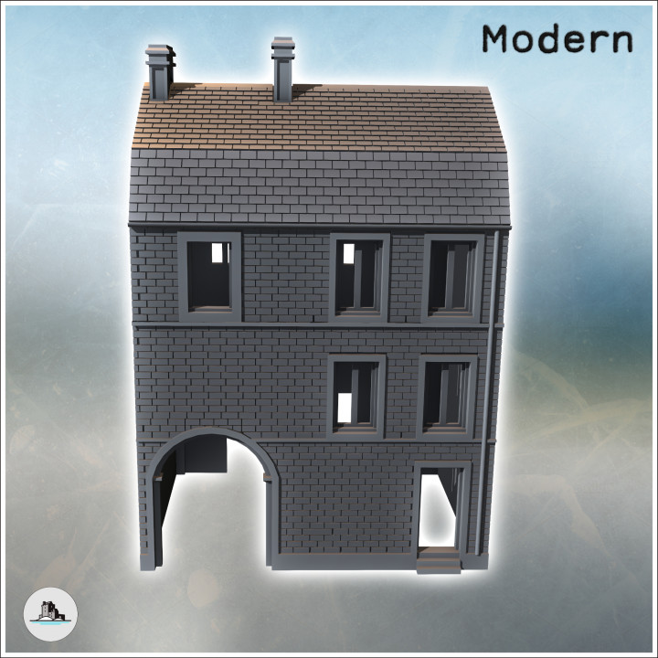 Modern two-story brick house with large wooden door and Mansard roof (31) - Modern WW2 WW1 World War Diaroma Wargaming RPG Mini Hobby