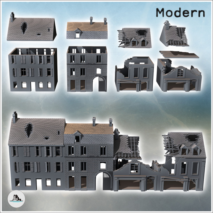 Set of four damaged modern buildings with large access door and destroyed roofs (35) - Modern WW2 WW1 World War Diaroma Wargaming RPG Mini Hobby image