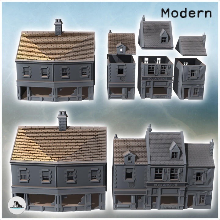 Set of four modern buildings with French bakery and ground-floor shops (46) - Modern WW2 WW1 World War Diaroma Wargaming RPG Mini Hobby